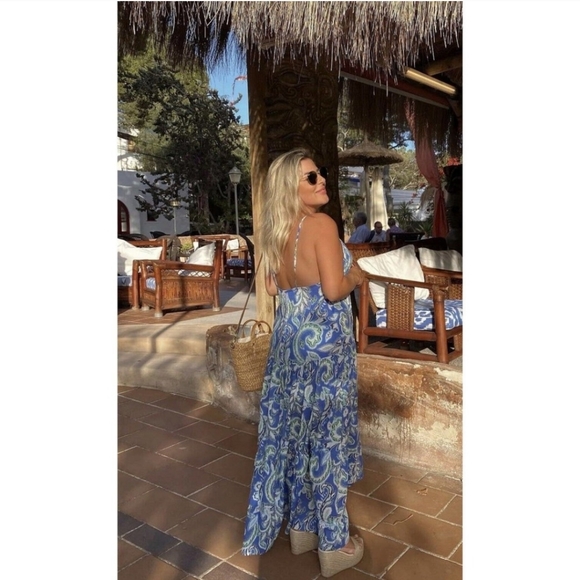 Zara Tiered Floral Print Blue White Cotton Dress Bloggers Favorite - Picture 11 of 16